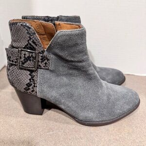 Vionic Gray Naomi Snakeskin Print Suede Water Resistant Heeled Ankle Booties